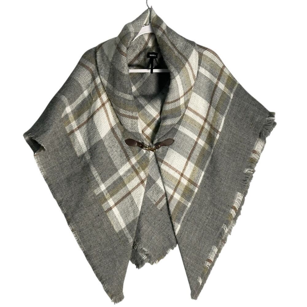Modena‎ One Size Plaid Blanket Cape Poncho Raw Hem Shawl Collar Clasp Closure